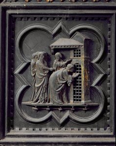 Les disciples visitent Saint Jean-Baptiste, treizième panneau des portes sud du baptistère de San Giovanni, 1336 (bronze)